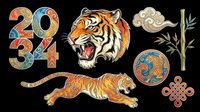 Roaring tiger head, leaping tiger, bamboo, clouds, and ornate 2034 numerals in Asian style, isolated on transparent background. For clipart, stickers, t-shirt design, sublimation.