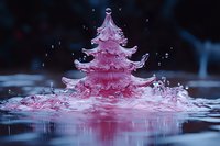Pink liquid splash forming magical Christmas tree shape with water drops and ripples on dark background, creative holiday photography with high-speed capture.