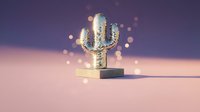 Golden metallic cactus sculpture on wooden base with bokeh lights against purple gradient background for modern home decor and desert themed designs.