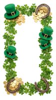 Green leprechaun hats, golden coins, horseshoes and clover leaves arranged in a festive rectangular frame border with white center space for text or design.