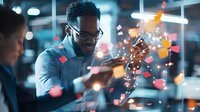 African American businessman analyzing digital data visualization with colorful network connections in modern office environment during evening work session.