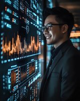 Young Asian businessman smiling at financial trading screen displaying market data charts and graphs in dark office with blue orange ambient lighting.