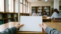 Student holding blank spiral notebook at wooden desk in library with bookshelves and classmates studying in background, suitable for education and learning concepts.