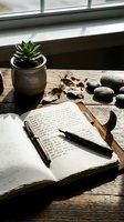 Open journal with handwritten text and pen on rustic wooden table near window with succulent plant and autumn leaves creating cozy writing atmosphere.