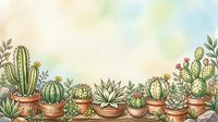 Watercolor illustration of various cacti and succulents in terracotta pots arranged in a row, featuring aloe, prickly pear, and barrel cacti with soft botanical details.