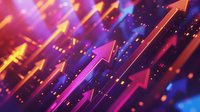 Glowing upward arrows in vibrant pink, purple and orange colors against dark background with bokeh effect create dynamic business growth concept.