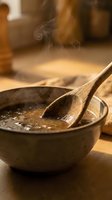 Wooden spoon ladles hot broth from rustic ceramic bowl in warm kitchen setting, steam rising, perfect for cooking, food preparation, culinary content.