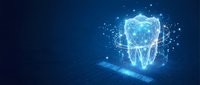 Digital tooth hologram with glowing particles on blue background for dental technology and healthcare innovation concepts.