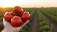 Fresh ripe red tomatoes in farmer hand at sunset over agricultural field rows. Organic vegetable harvest concept for healthy eating and farm produce.