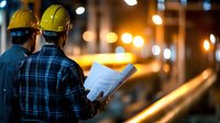 Construction workers in safety helmets reviewing blueprints at night construction site with bokeh lights background, industrial engineering concept.