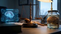 Legal scales with brain specimen jar and holographic display representing medical law and neuroscience ethics in courtroom setting.