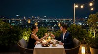 Elegant couple enjoying romantic rooftop dinner with champagne, city lights glowing at night, lush greenery, string lights ambiance.