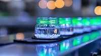 Glowing glass jar with colorful bokeh lights creating magical atmosphere. Decorative illuminated container on dark surface reflects vibrant blue and green colors.