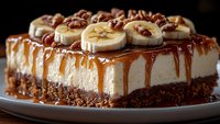 Decadent banana caramel cheesecake with chocolate crust, fresh banana slices, dripping caramel sauce and chopped pecans on white plate against dark background.