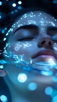 Ethereal close-up portrait with glowing blue digital payment symbols projected on face. Serene expression amid floating cryptocurrency and financial technology elements.