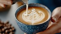 Barista pouring steamed milk creating rosetta latte art in blue ceramic cup held by hands with coffee beans scattered nearby for cafe morning ritual.