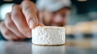 Small round white Camembert cheese with textured rind on wooden surface, close-up view showing creamy soft texture and artisanal quality. Hand reaching in background.