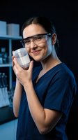 Female scientist in safety glasses enjoying coffee break in modern laboratory setting with equipment shelves in background.