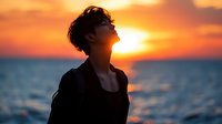 Young Asian man silhouette against dramatic orange sunset sky and ocean background, head tilted up in contemplative peaceful moment during golden hour.