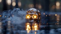 Glowing crystal skull in dark water with rising smoke and bokeh lights creating mysterious atmospheric scene. Reflective surface adds depth and drama.