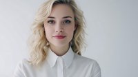 Young blonde woman with wavy hair wearing white shirt against light background, soft natural makeup and subtle smile for beauty or fashion advertising.