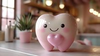 Cute smiling tooth character with rosy cheeks holding small pink heart, dental care concept on blurred warm interior background with houseplants and bokeh lights.