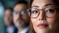 Young Asian businesswoman wearing stylish tortoiseshell glasses looking up with confident expression, professional corporate portrait with blurred colleagues in background.