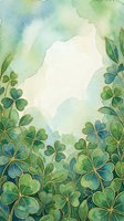 Watercolor shamrock border frame with gold outlines on soft green background, copy space for St. Patricks Day greeting cards and posters.