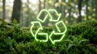 Glowing neon recycling symbol on lush green moss in forest setting, representing environmental sustainability and eco-friendly practices for conservation campaigns.