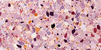 Colorful terrazzo pattern in pink and purple tones with scattered geometric fragments creates modern abstract seamless background for interior design and surface decoration.