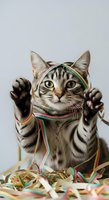 Tabby cat with yellow eyes wearing colorful ribbons, paws raised playfully against white background. Isolated feline for design, greeting cards, and festive projects.