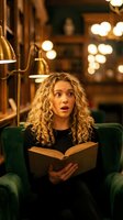 Surprised young Caucasian woman with curly blonde hair reading book in cozy library armchair with warm lighting and vintage brass lamp creating atmospheric study scene.