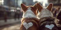 Two Welsh Corgi dogs with heart-shaped fur patterns on their backs sitting side by side, watching sunset in urban setting.