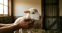 Farmer's hand gently touching white goat's face in rustic barn setting with natural sunlight, depicting animal care and agricultural lifestyle.