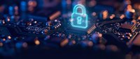 Glowing cyan padlock icon on computer circuit board representing cybersecurity, data protection and digital security technology concepts.
