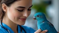 Young female veterinarian with gentle smile examining bright blue Pacific parrotlet bird during medical checkup. Close-up portrait showing professional care and attention.