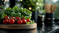 Fresh cherry tomatoes and basil leaves on wooden cutting board against dark kitchen counter with soft bokeh lights and cooking utensils in background.