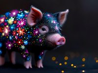 Magical black pig figurine decorated with glowing colorful flower patterns and sparkles against dark background, creating whimsical fantasy art effect.