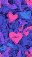 Pink and blue hearts pattern with love text on dark background, romantic seamless design featuring neon colored heart shapes in modern artistic style. Tiles into continuous pattern.