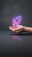Glowing neon rocket hologram floating above open palm representing startup launch, innovation and business growth concepts for entrepreneurship projects.