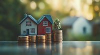 Small model houses placed on ascending stacks of coins against blurred natural background, representing real estate investment and property market growth.