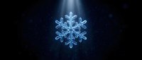 Glowing blue snowflake with intricate crystalline structure floating in dark starry space with bright light beam from above for winter holiday designs.