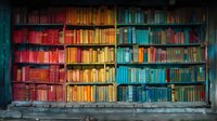 Colorful rainbow gradient bookshelf in library with books arranged by color from red to orange to turquoise, creating artistic ombre effect perfect for education and interior design concepts.