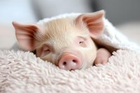 Adorable pink piglet sleeping peacefully wrapped in soft white blanket, close-up view showing cute snout and ears against cozy textile background.