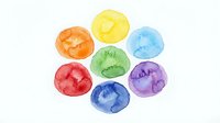 Watercolor paint circles in vibrant rainbow colors arranged in a circular pattern on white background, isolated and ready for design projects, educational materials, and creative compositions.