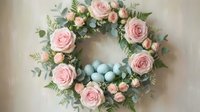 Elegant spring wreath with soft pink roses and blue eggs on neutral background for Easter home decor and seasonal celebrations.