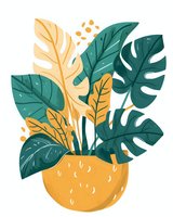 Tropical monstera and banana leaves in orange ceramic pot, artistic botanical illustration with textured foliage in green and yellow colors on white background.