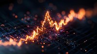 Glowing orange financial chart rises from digital grid surface with bokeh light effects and particles, dramatic market visualization on dark background.