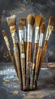 Well-used artist paintbrushes with natural bristles and worn wooden handles arranged in fan composition against dark textured background with paint splatters.