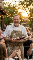 Mature Caucasian chef with beard serving grilled meat at outdoor restaurant patio with string lights and evening ambiance for hospitality dining concepts.